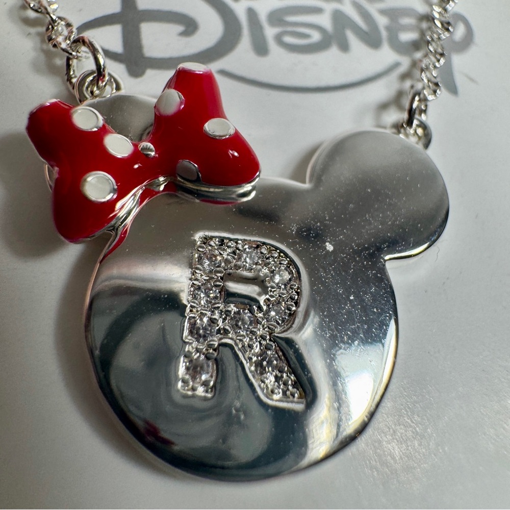 NWT. Disney Parks Minnie Mouse initial 'R' necklace silver-tone pendant jewelry